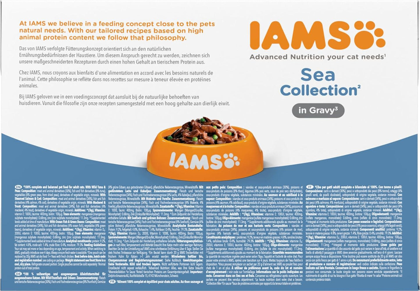 IAMS Delights Sea Collection Katzenfutter Nass - Multipack mit Fisch Sorten (Lachs, Thunfisch, Makrill, Seefisch) i sås, Nassfutter für Katzen från 1 Jahr, 12 x 85g