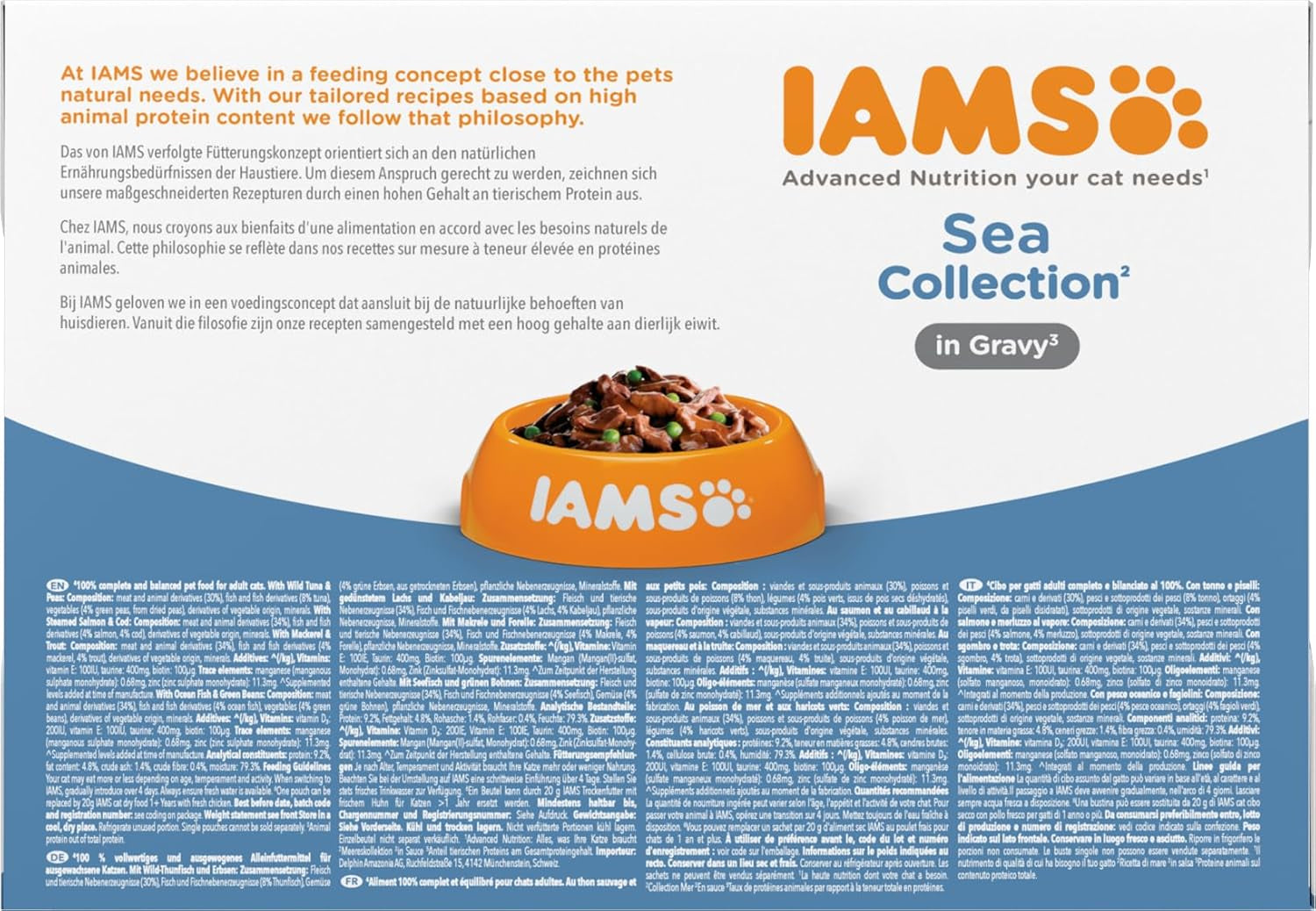 IAMS Delights Sea Collection Katzenfutter Nass - Multipack mit Fisch Sorten (Lachs, Thunfisch, Makrill, Seefisch) i sås, Nassfutter für Katzen från 1 Jahr, 12 x 85g