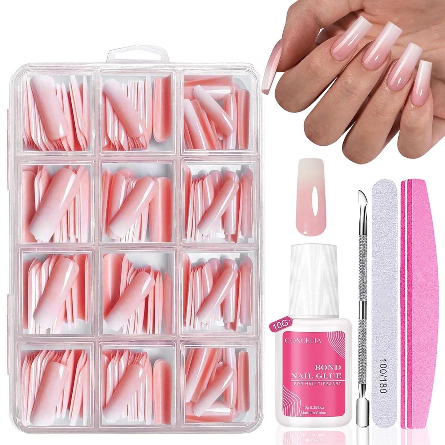 False Nails Set - 240 stycken Franska falska naglar limma på - Rosa Vit Gradient Design Konstgjorda naglar Heltäckande mjuk gel Naturlig och bekväm att bära (rosa mandel)