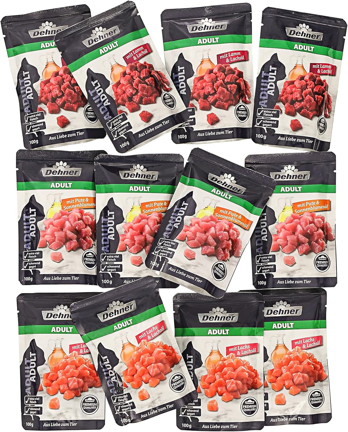 Dehner Premium våtmat för katter, multipack, vuxna katter, 4 stycken vardera: lamm / kalkon / lax, 12 påsar x 100 g (1,2 kg)