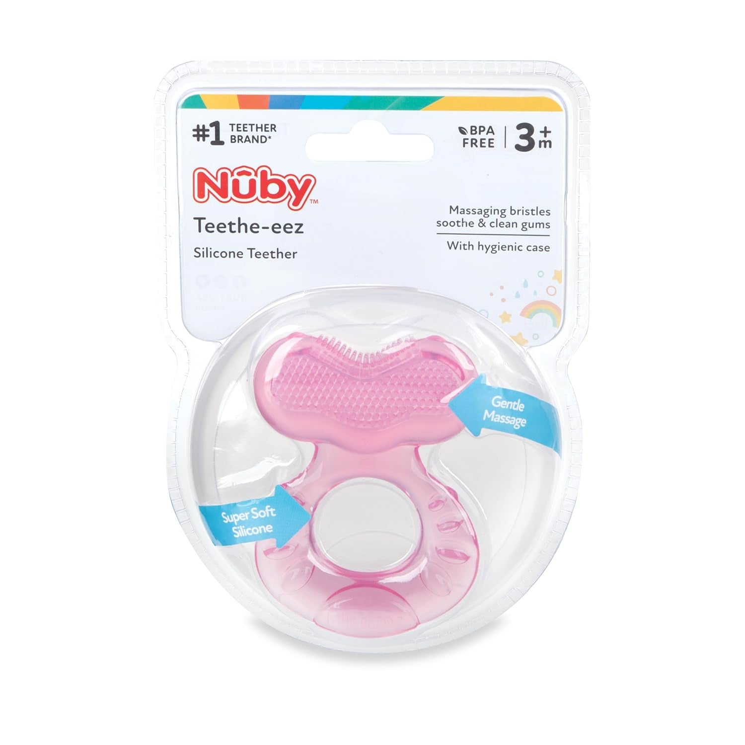Nuby Teethe-eez mjuk silikonbitring | Tandningshjälp i silikon med strukturerad yta för att massera tandköttet | Hygieniskt överdrag ingår | Rosa | Från 3 månader