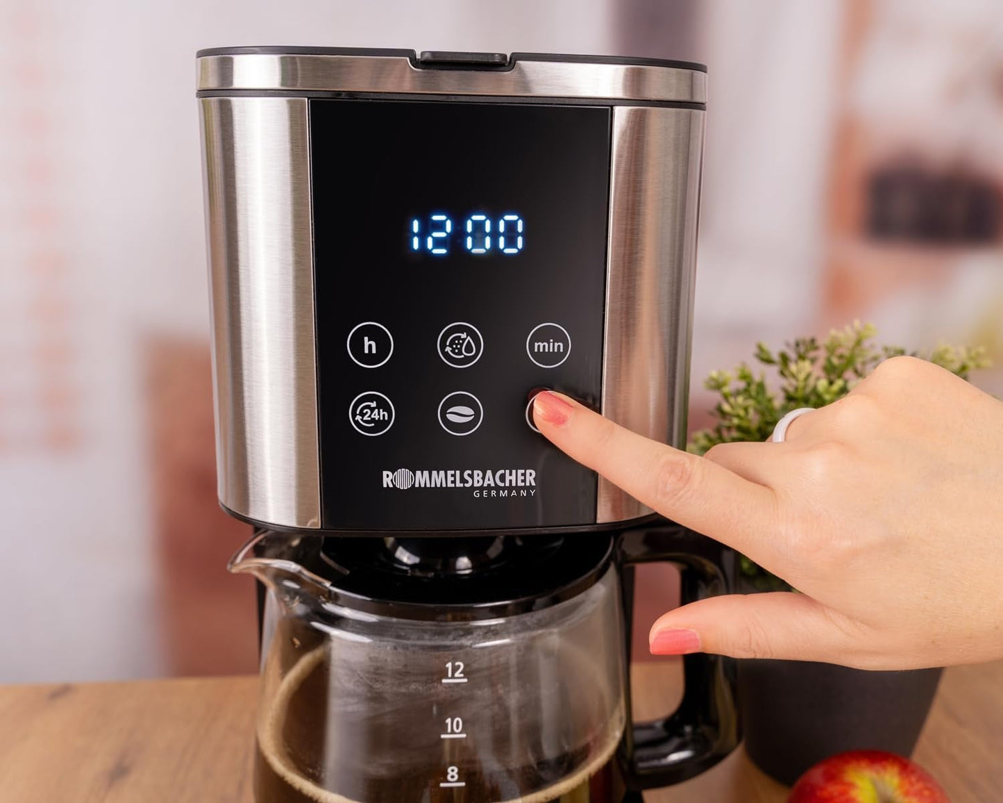 Rommelsbacher FKM 1000 filter espressomaskin - 1,5 liters vattentank för 12 koppar kaffe, glaskaraff, fördröjd start, varmhållningsfunktion, aromfunktion, avtagbar filterhållare 1x4