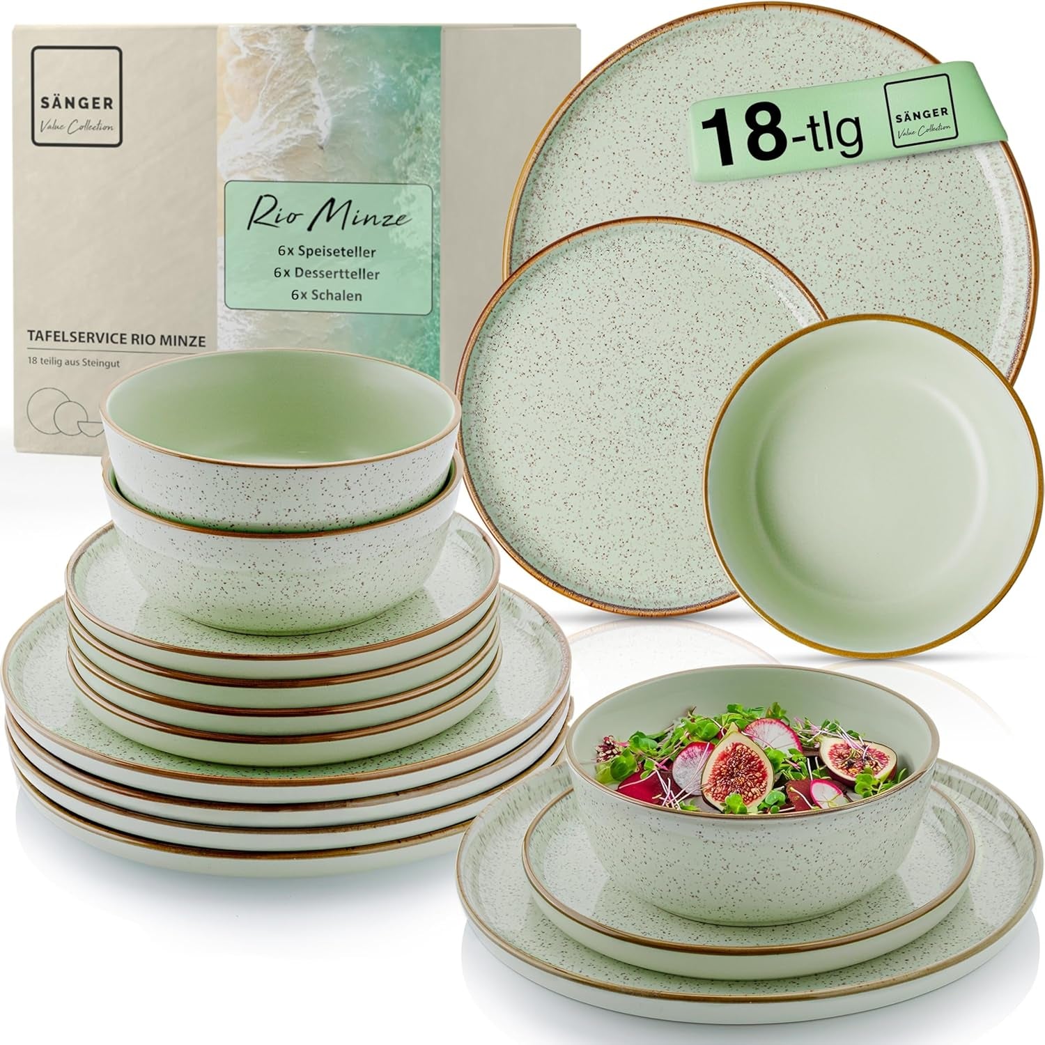 SÄNGER Rio Mint | Stengodsservis för 6, 6 tallrikar, 6 desserttallrikar, 6 skålar, mintgrön | VÄRDESAMLING