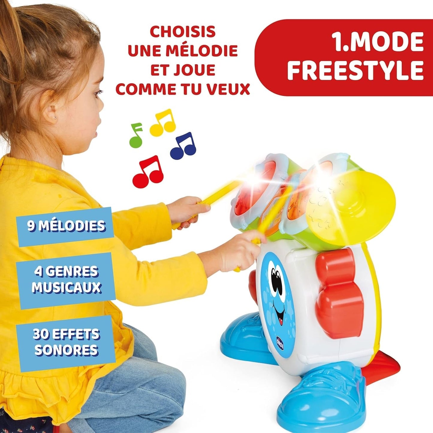 Chicco 00009820100000 Mi första trumset med ljus och ljud, 3 spellägen Musikinstrument med batteri för barn, flerfärgad, stor Jucarii Bebe Naty Shop
