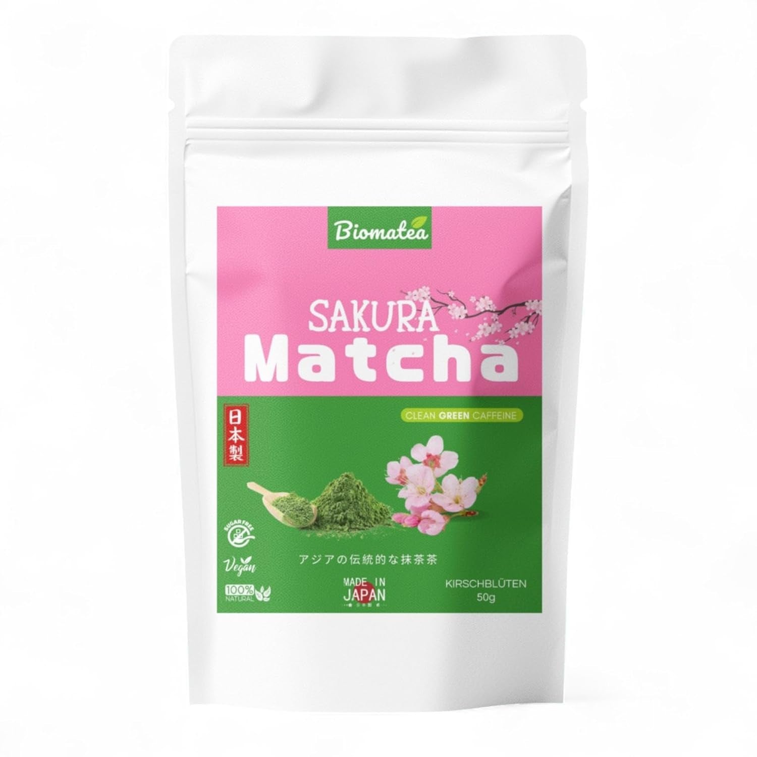 Sakura Matcha Tea 50g - Ceremoniell kvalitet från Japan - Premium grönt te med Sakura Flower Pulver - Första skörden, stenmald, vegansk, inga tillsatser