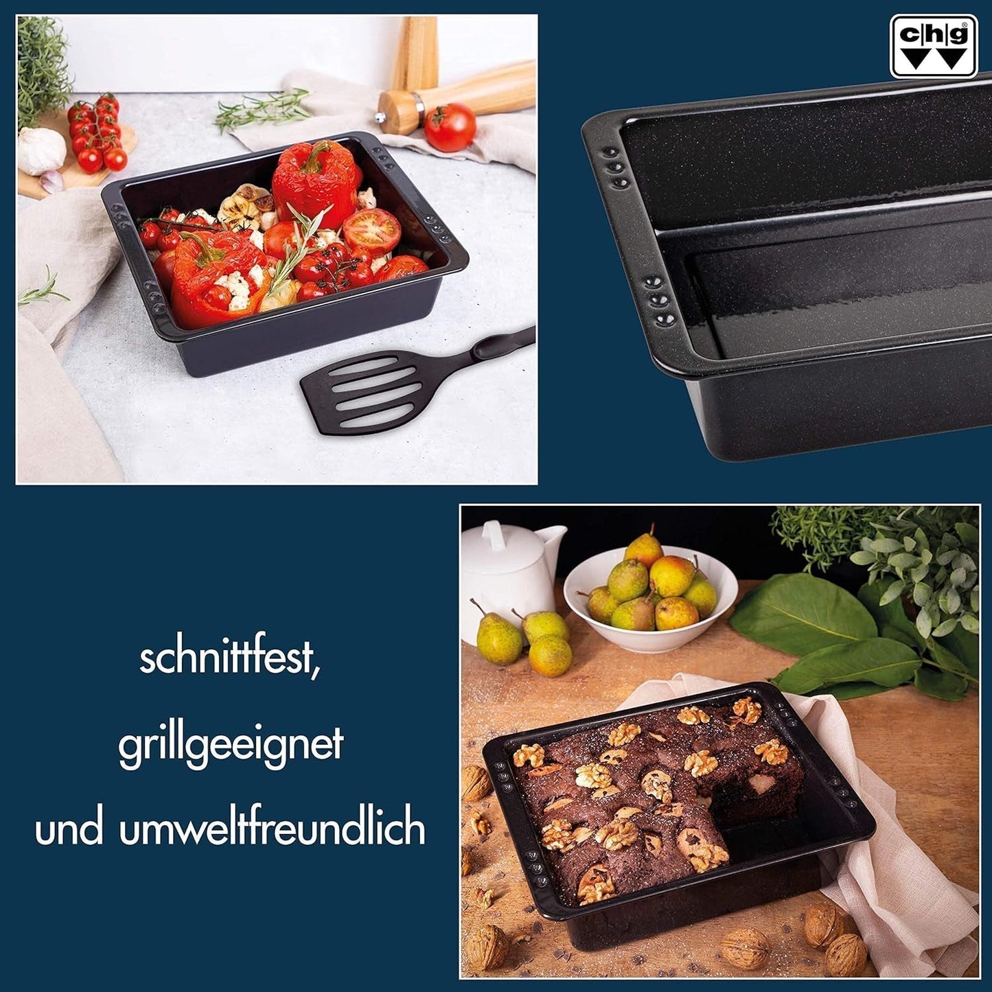 Chg SET 341-46-60 Extra Tiefe Ofenform (7,0 Cm) "Emaille" Mit Profi-Pfannenwender", Schwarz Gesprenkelt Formar och brickor för bakning Naty Shop
