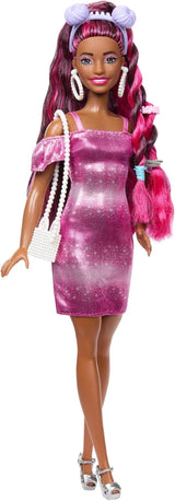 Barbie Doll Roligt Snyggt hår med extra långt färgglatt svart hår och gnistrande rosa klänning 10 frisyrer och modeaccessoarer JDC86