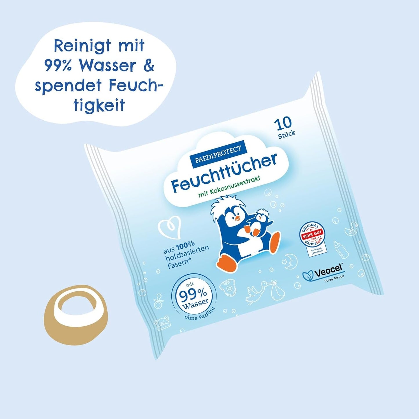 PAEDIPROTECT våtservetter för baby 1 x 10 st Känsliga våtservetter för babyvatten 99 % vattenparfymfri baby & barn ömtålig hud Kokosextrakt Mikroplastfri vegansk (5-pack)
