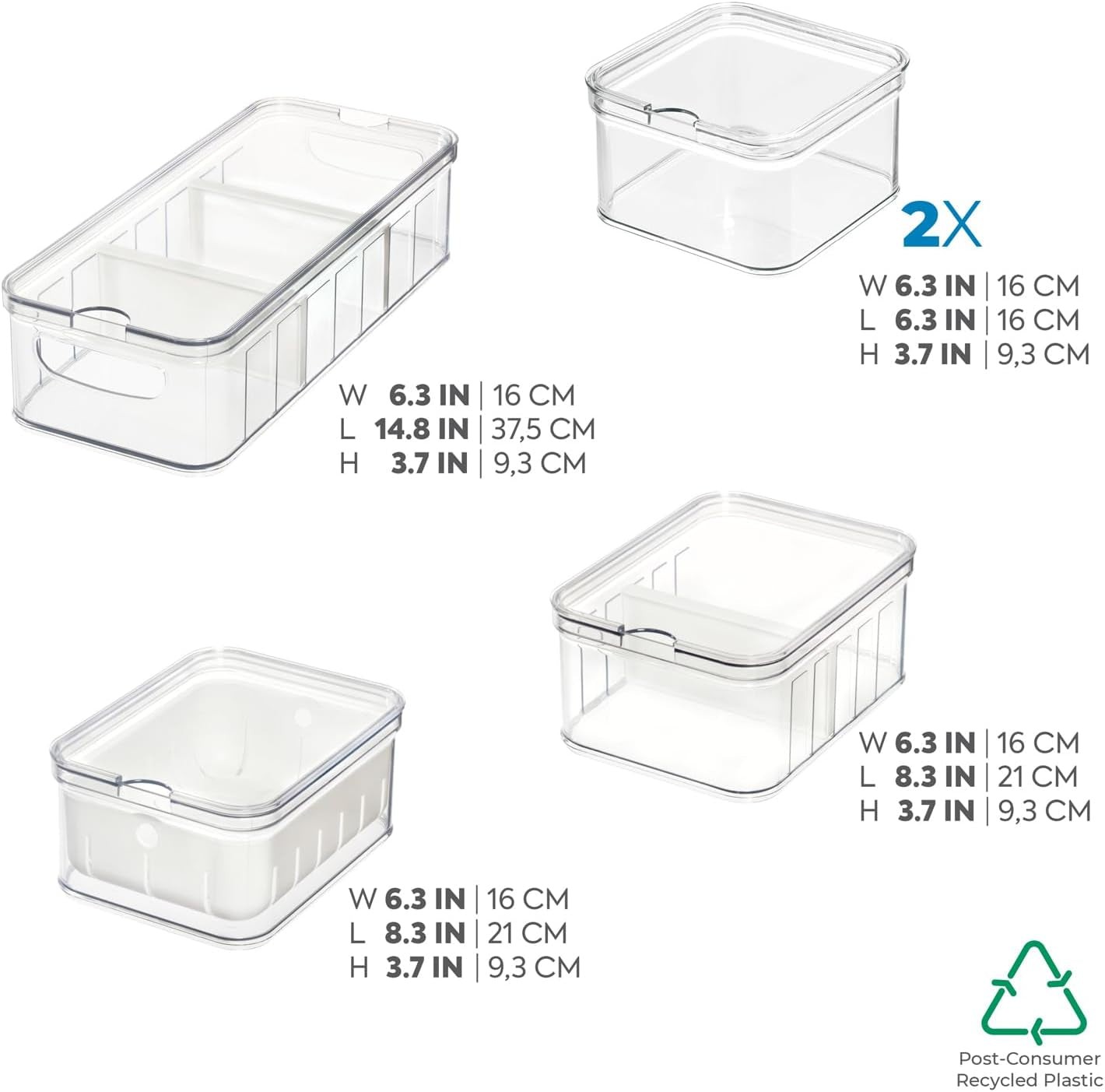 iDesign förvaringslådor, kylarrangör med lock i en uppsättning om 5, förvaringslådor av återvunnen plast för att organisera förbrukningsvaror, genomskinliga och vita Naty Shop-matförvaringslådor