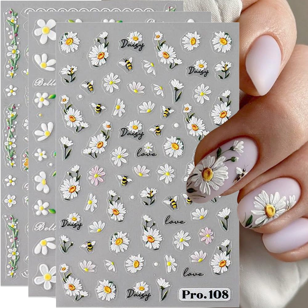 5st Geprägte Gänseblümchen Nagelsticker Selbstklebend Blumen Nagelaufkleber Gänseblümchen Schmetterling Nagel Sticker Nageldesign Aufkleber Nägel Zubehör Blume Nail Sticker Flower Nail Art Stickers