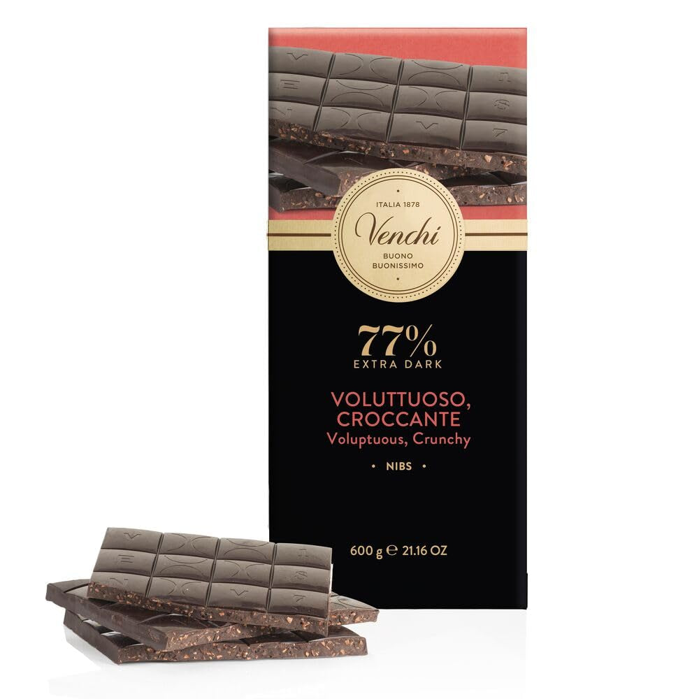 Venchi - Bar Maxi 77% Nibs, med extra mörk choklad, bitar av kakaobönor, 600 g, glutenfri, utan färgämnen och utan konserveringsmedel