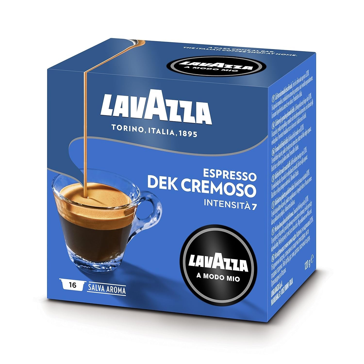 Lavazza A Modo Mio Dek Cremoso, 256 kaffekapslar, för koffeinfri espresso med aromatiska toner av mandel och canditis, 100% Arabica, intensitet 7/13, medelrostad, 16 förpackningar