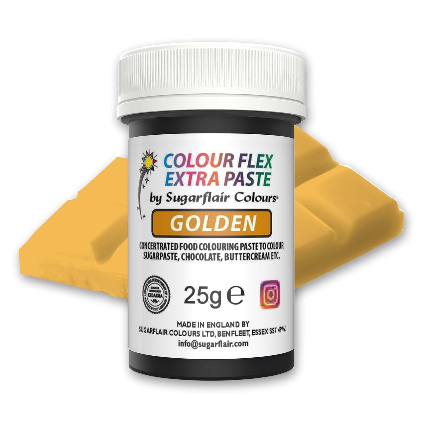 Matfärgspasta Sugarflair Colourflex Extra Paste Golden - Ätbar matfärg för smörkräm, choklad, sugarpaste, glasyr, fondant, kakmixar, deg med mera - 25g