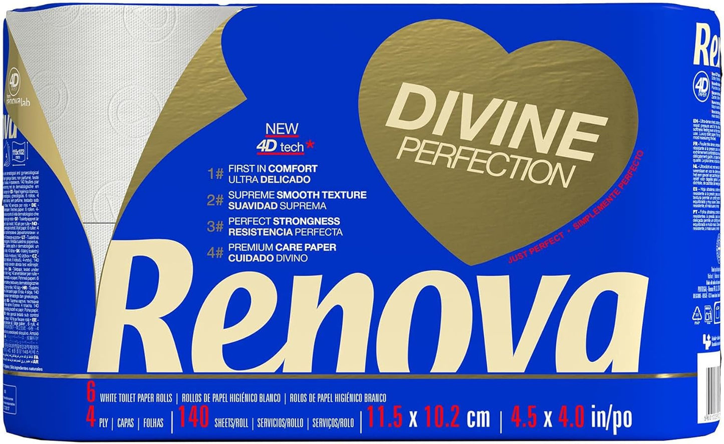 Renova Renova Divine Perfection Toalettpapper, 42 rullar, Premium Toalettpapper, 4 Ply, Ultra Mjukt, Extra Styrka, Tjockt, Mjukt och Absorberande, Fsc-certifierat papper, 4400G