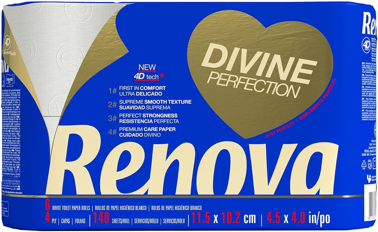 Renova Renova Divine Perfection Toalettpapper, 42 rullar, Premium Toalettpapper, 4 Ply, Ultra Mjukt, Extra Styrka, Tjockt, Mjukt och Absorberande, Fsc-certifierat papper, 4400G
