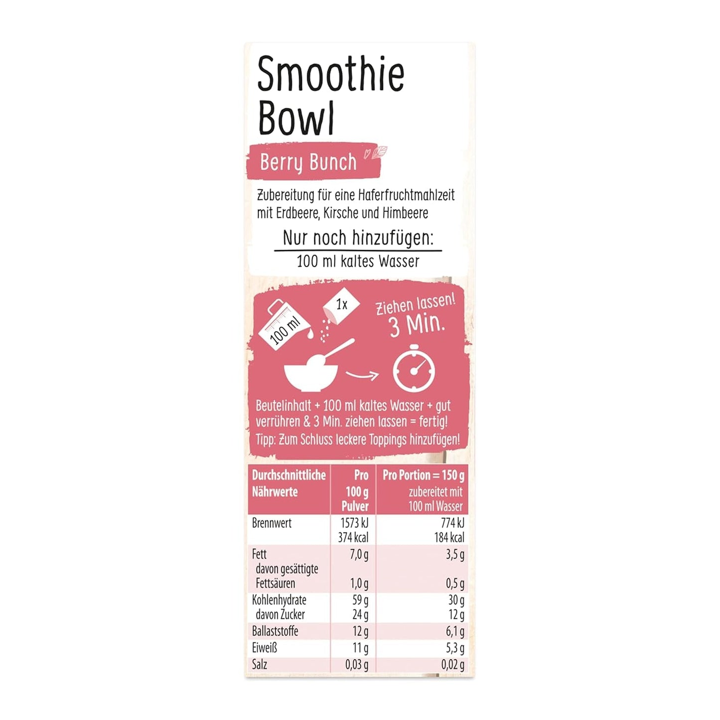 RUF Smoothie Bowl Bärbunt Havre Frukostmellanmål med bär och chiafrön, snabbt och enkelt att tillaga, veganskt, 1 påse x 50 g (förpackning med 3)