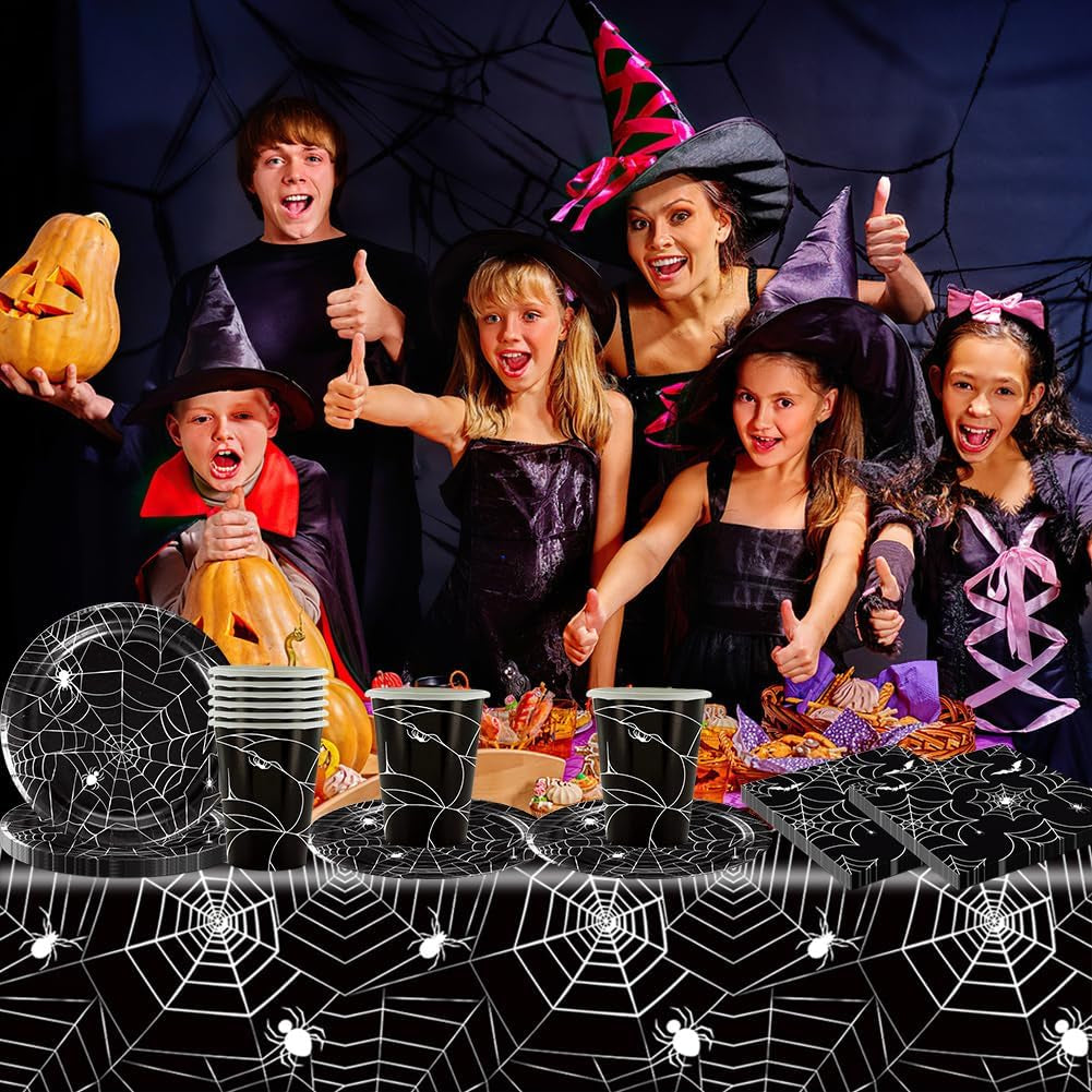 49 delar Halloween Spider Paper Bestick Set Inklusive tallrikar, servetter, glas och bordsduk. Svart servisset med desserttallrikar, servetter och glas.