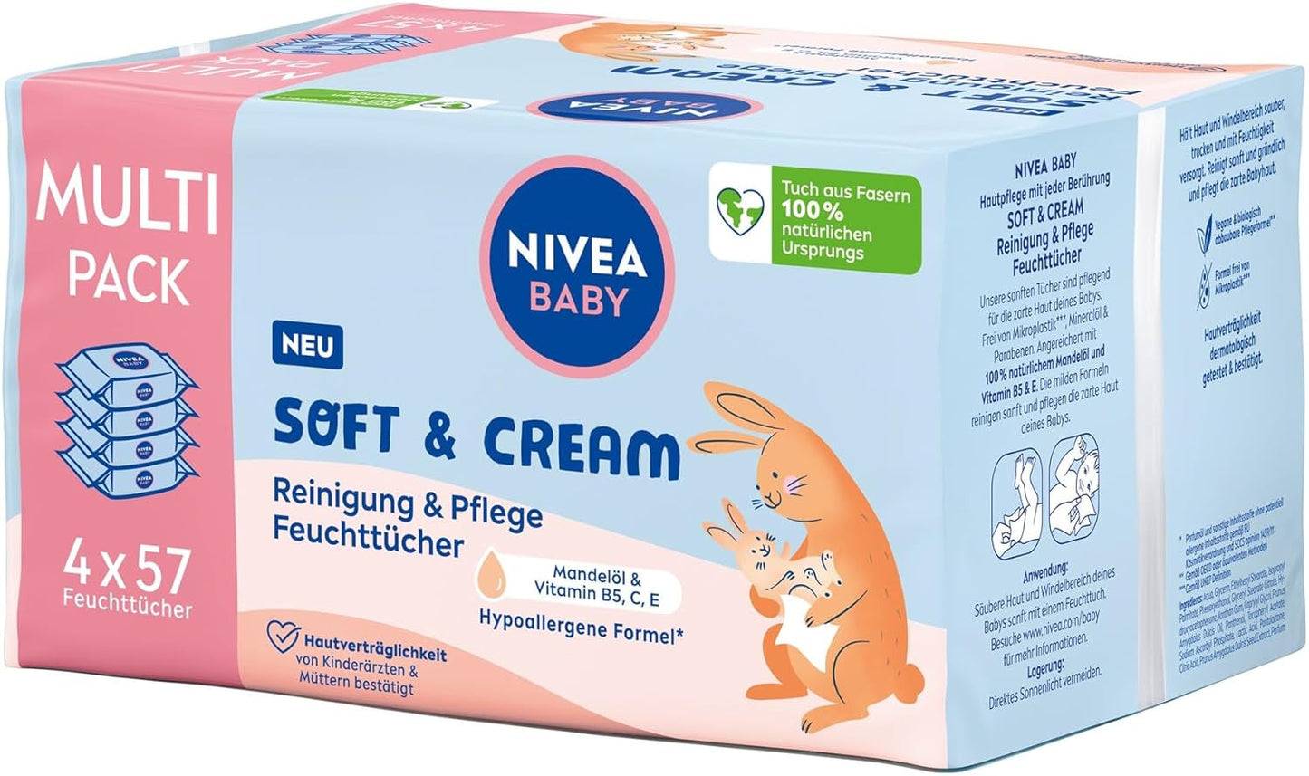 NIVEA BABY Soft & Cream våtservetter för bebisar (4 x 57 stycken)