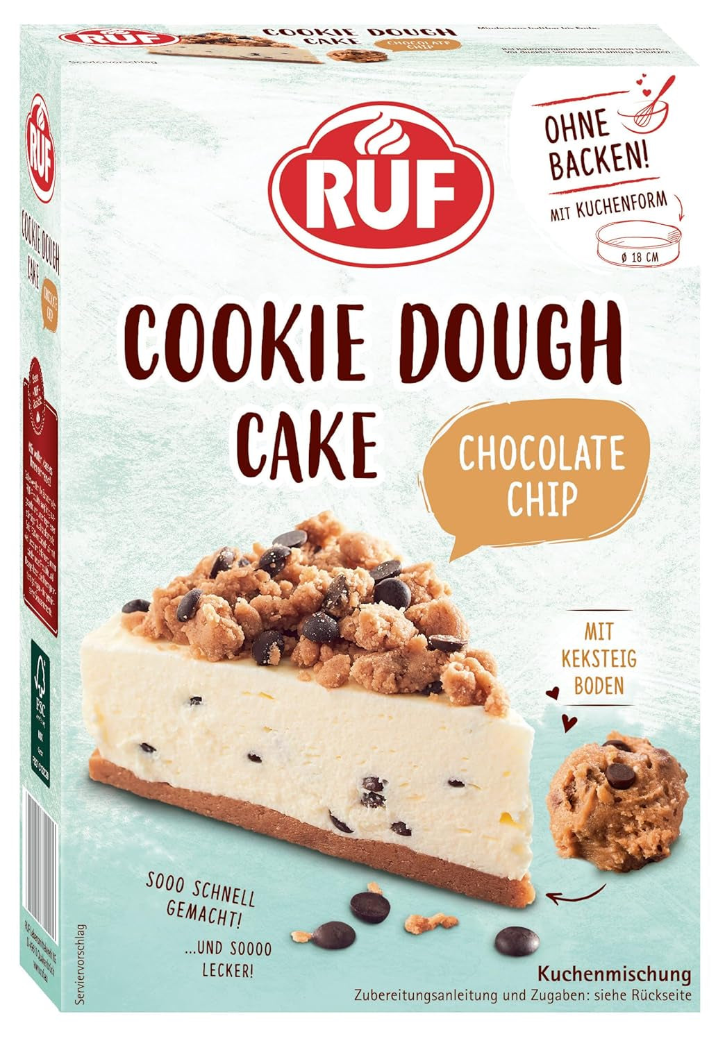 RUF Cookie Dough Cake Ohne Backen, Tortenboden Aus Keksteig Mit Frischkäse-Creme Und Schokoladenstückchen, Inkl. Kuchenform, 1X325G Blandning för bakning och matlagning Naty Shop 325 G (1Er Pack) Cookie Dough Cake