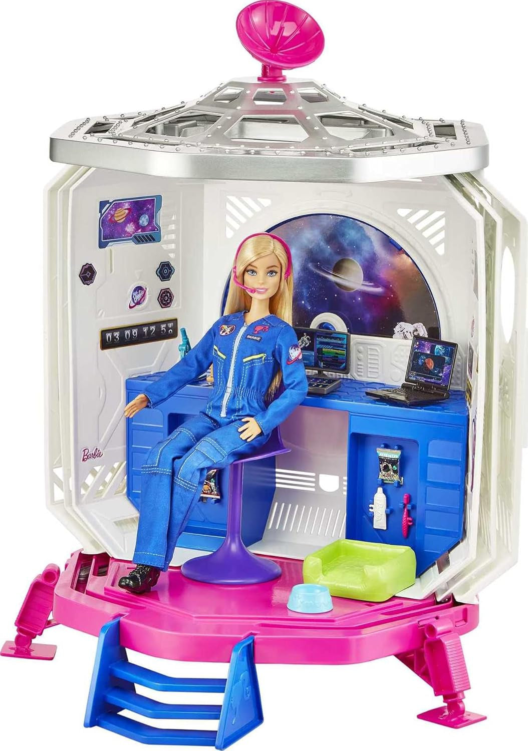 Barbie GXF27 - Rymdstationsrymdäventyr, rymddocka, valp, arbetsstation, rymdscener, 20 tillbehör, presentleksak för barn från 3 år och uppåt