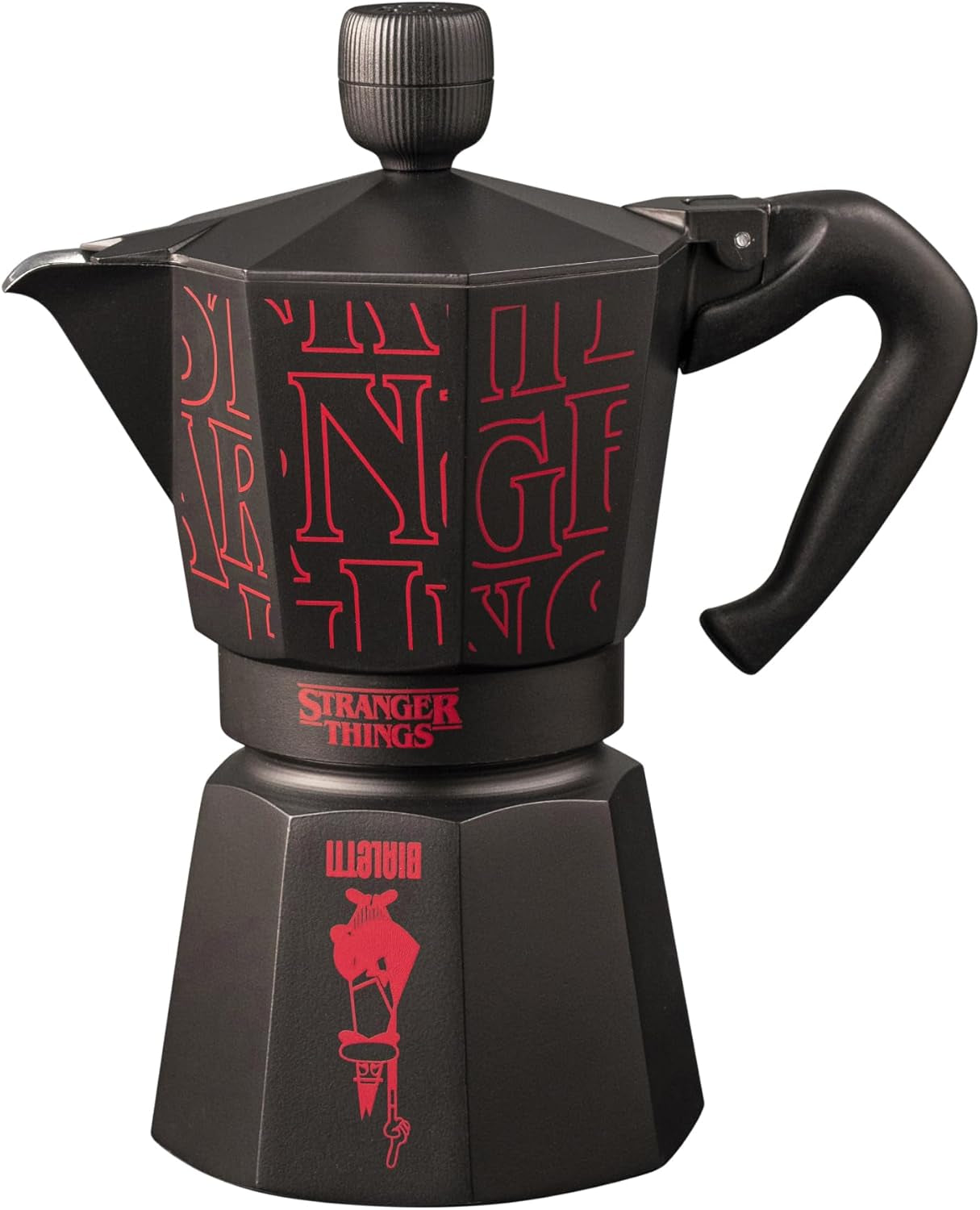 Bialetti Moka Express Stranger Things 6-kopps kaffebryggare, musikknapp med USB-C-laddningsfunktion, inte lämplig för induktionshällar, 6 koppar (270 ml), svart