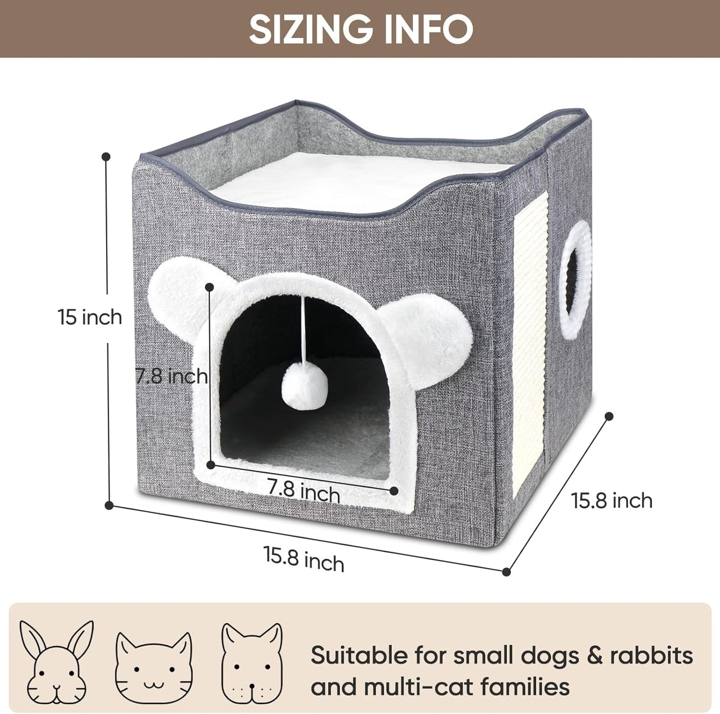 Katzenbetten für Indoor Katzen, Faltbares Katzenhaus, Katzenhöhle 2 Schicht Würfel Großer Raum Katzenbett mit Kratzbrett und Spielball, 15,8 x 15,8 x 15tum