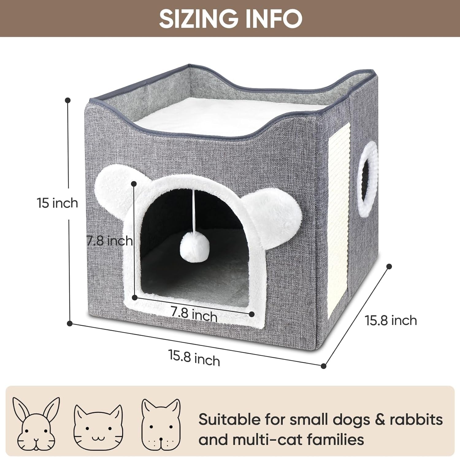 Katzenbetten für Indoor Katzen, Faltbares Katzenhaus, Katzenhöhle 2 Schicht Würfel Großer Raum Katzenbett mit Kratzbrett und Spielball, 15,8 x 15,8 x 15tum