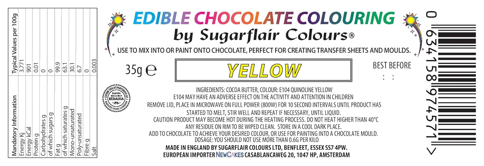 Matfärg Sugarflair Chocolate Gul matfärg för choklad - Färgat ekologiskt kakaosmör, chokladfärg för färgning av choklad, praliner - 35g