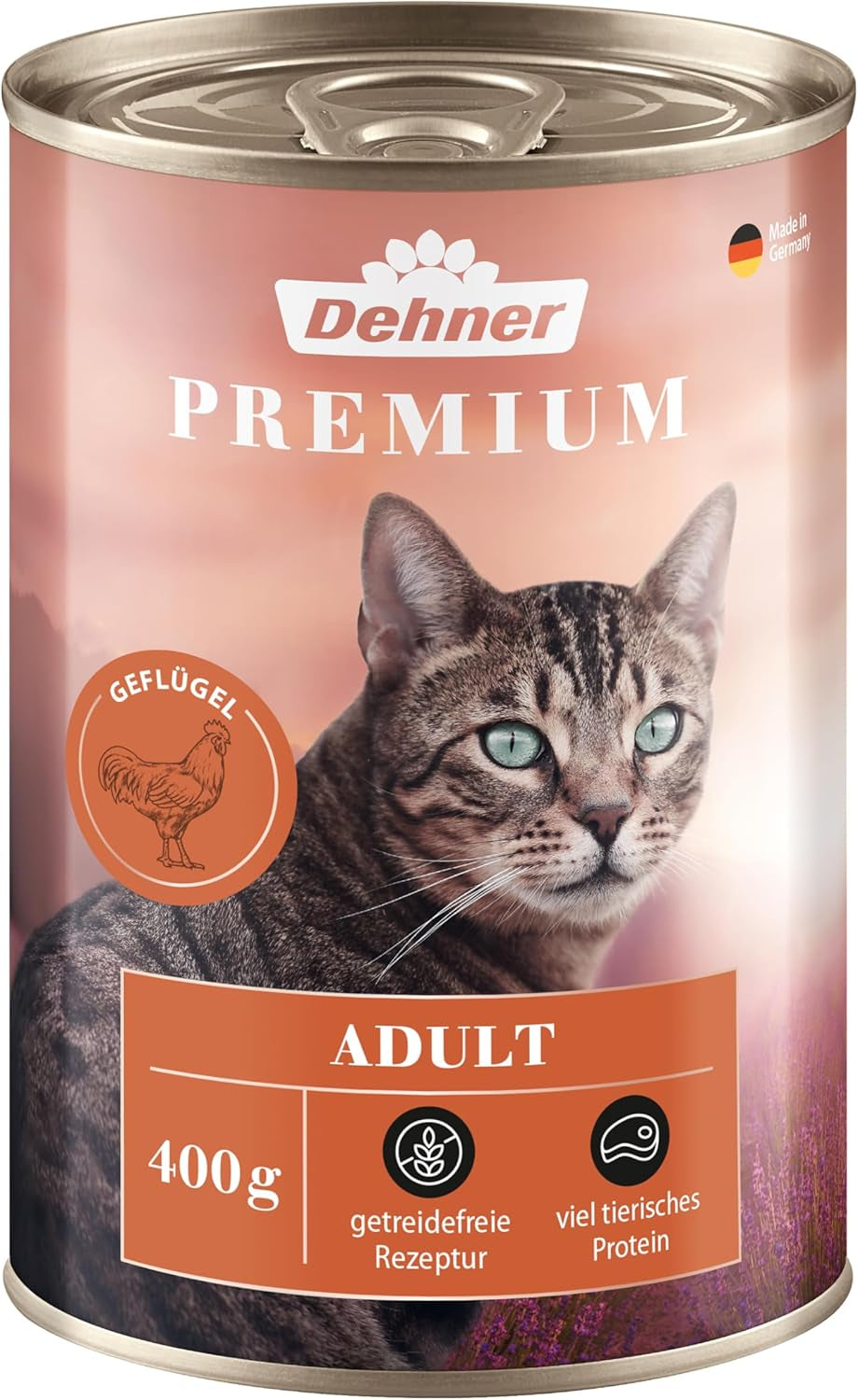 Dehner Premium våtfoder för katter, spannmålsfritt, för vuxna katter, fjäderfä, 6 burkar à 400 g (2,4 kg)