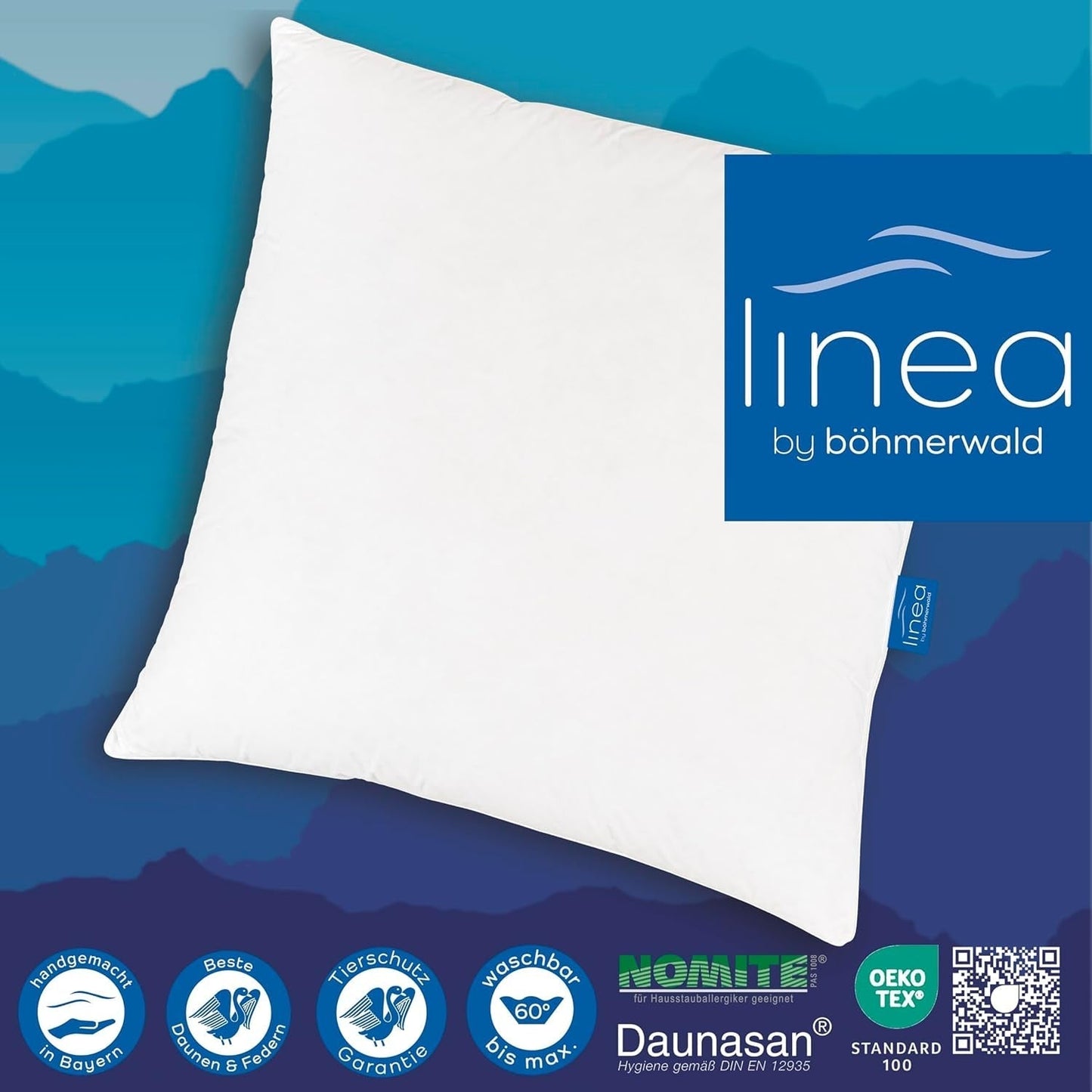 LINEA by Böhmerwald - Mysigt - Högkvalitativ balanskudde, 80X80, 70% klass 1 fjädrar, 30% nytt dun, lämplig för allergier, tvättbar upp till 60°C, tillverkad i Tyskland Naty Shop standardkuddar