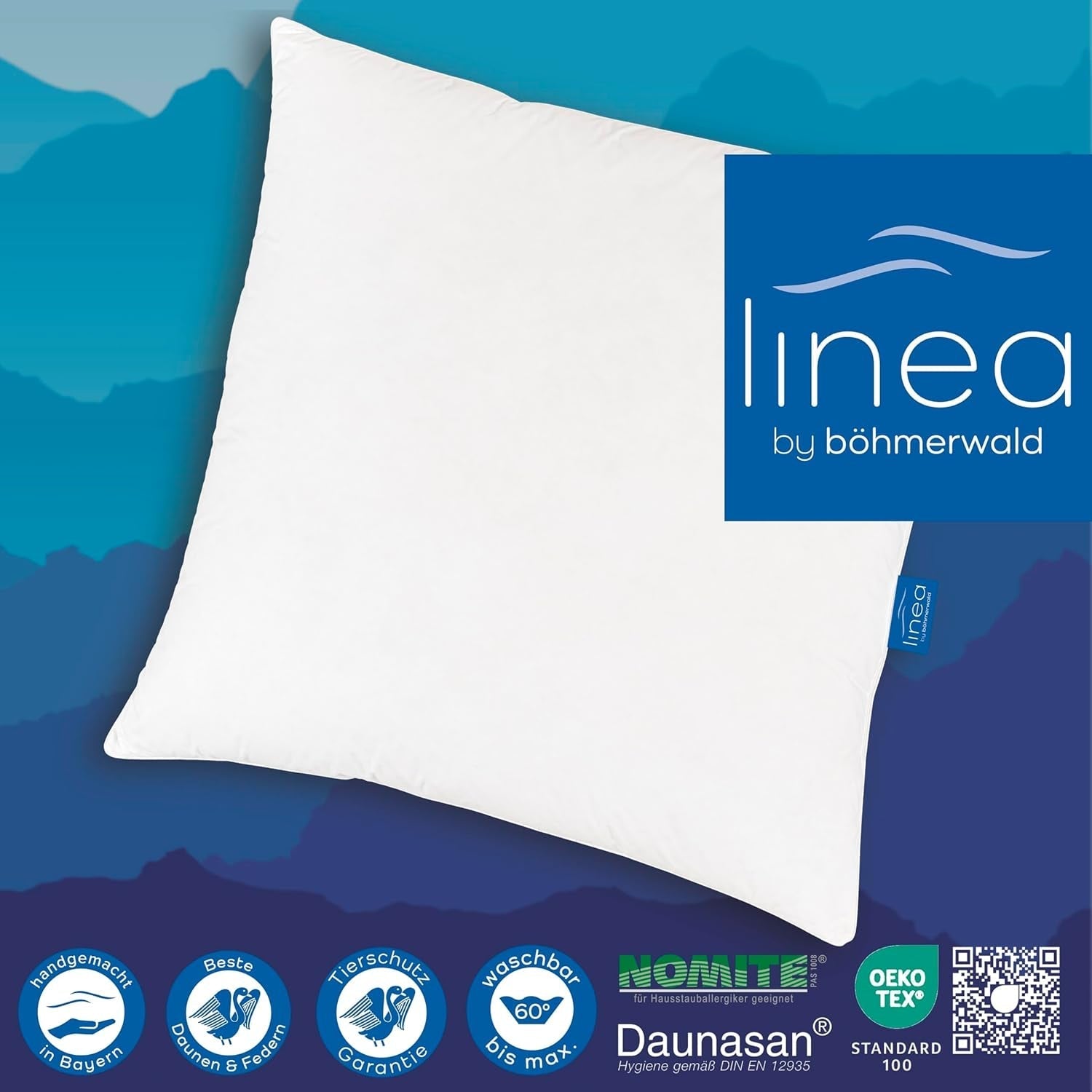 LINEA by Böhmerwald - Mysigt - Högkvalitativ balanskudde, 80X80, 70% klass 1 fjädrar, 30% nytt dun, lämplig för allergier, tvättbar upp till 60°C, tillverkad i Tyskland Naty Shop standardkuddar