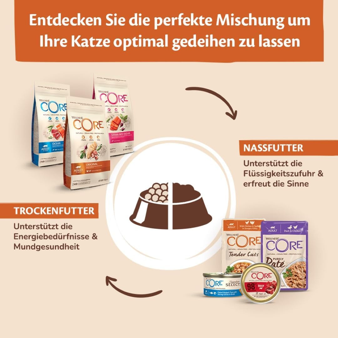 Wellness CORE 98% 12 x 85g, kyckling och lax - våt kattmat, tjock paté, spannmålsfri, naturlig, hypoallergen, hög proteinhalt, hög halt av kött