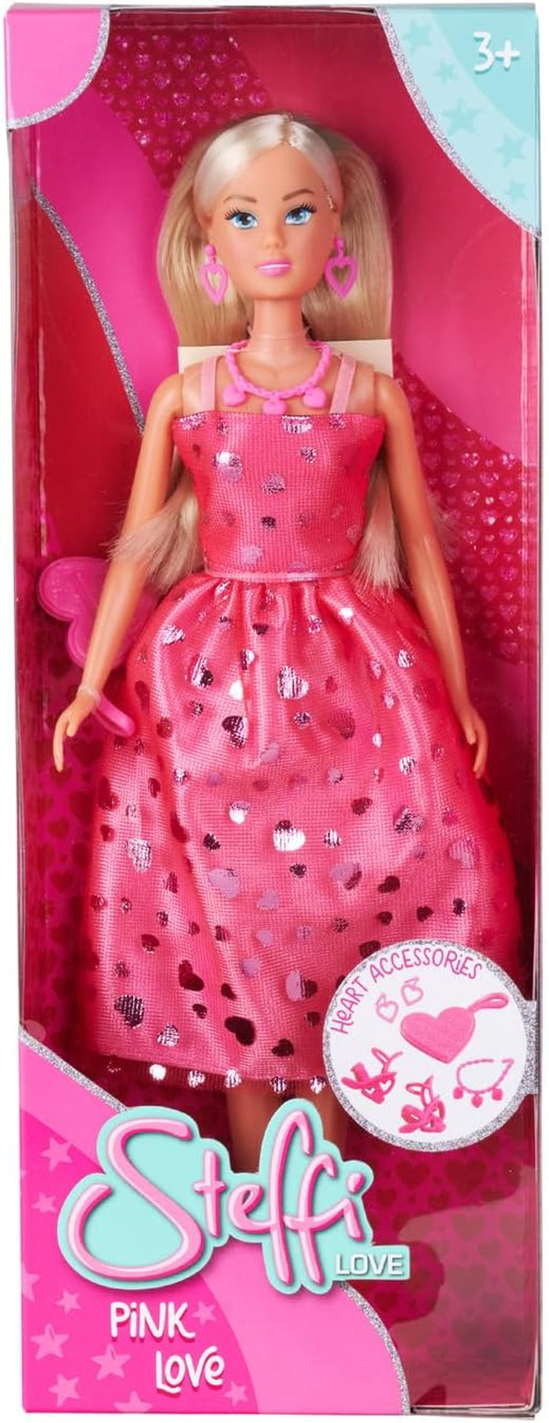 Simba Steffi Love Pink Love – Ankleidepuppe im rosa Glitzerkleid, inkl. Zubehör in Herzform, 29 cm groß, Modepuppe für kreatives Rollenspiel, für Kinder ab 3 Jahren