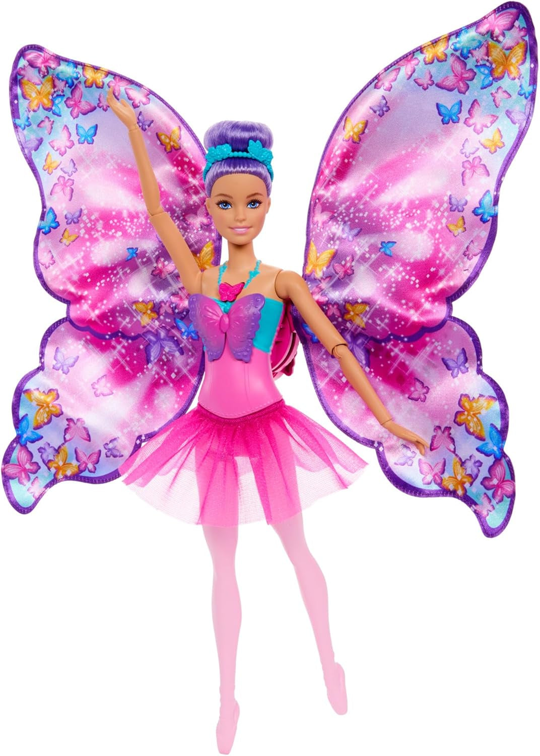 Barbie Dance And Flutter 2-i-1 Dansare-till-fjärilsförvandlingsdocka med öppningsbara vingar, lila hår, hårsmycken och avtagbar tutu, HXJ10 Naty Shop Dolls Standardtitel