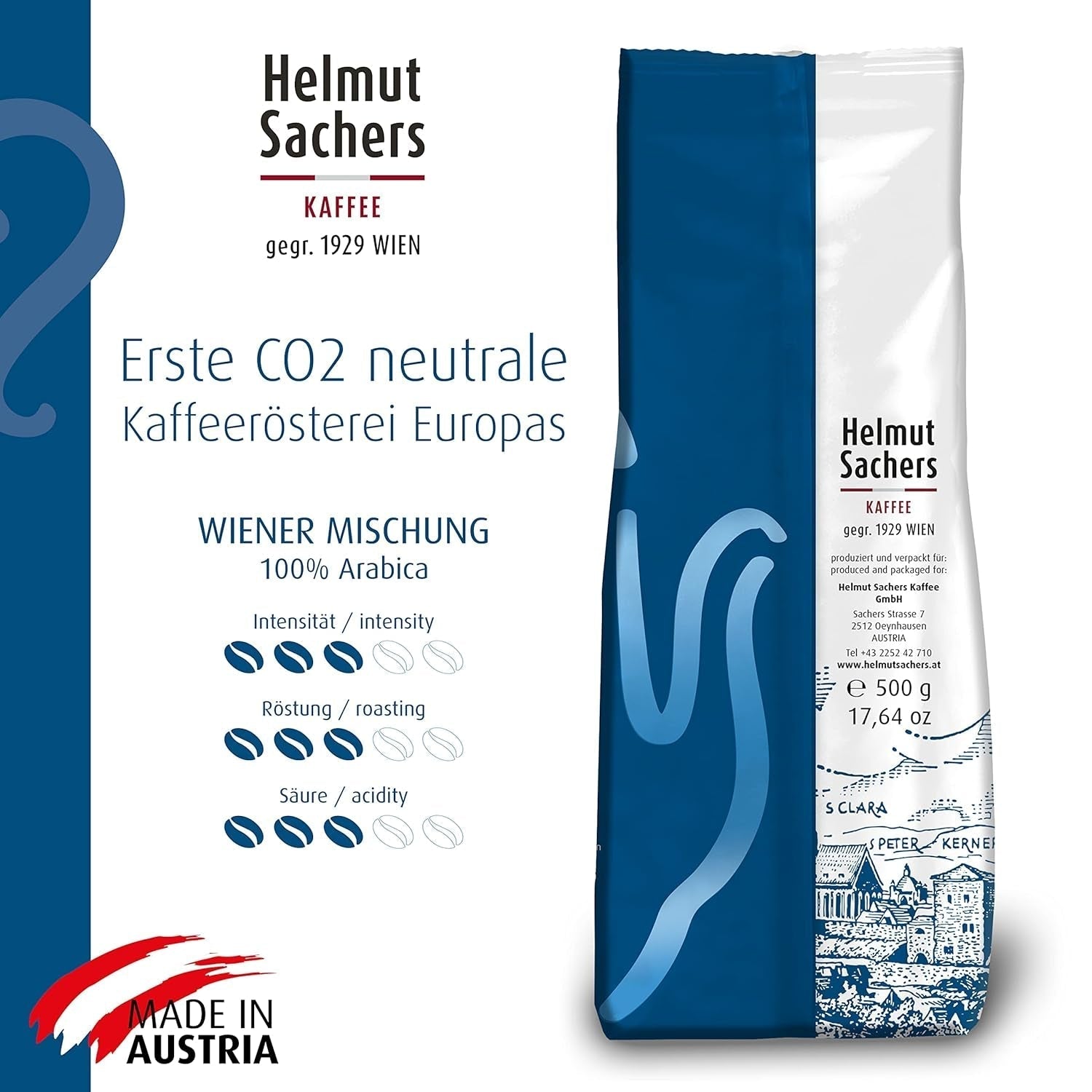 Helmut Sachers Kaffee - Wienerblandning, styrka 3/5, 100 % Arabica, hela kaffebönor, 6 x 500 g Naty Shop