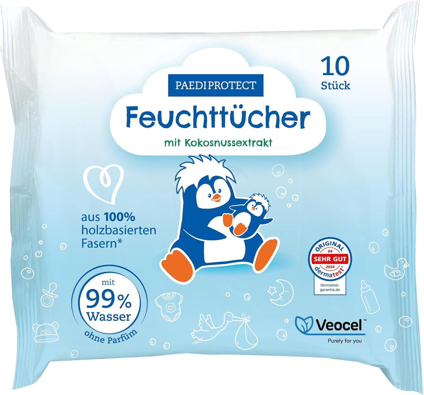 PAEDIPROTECT våtservetter för baby 1 x 10 st Känsliga våtservetter för babyvatten 99 % vattenparfymfri baby & barn ömtålig hud Kokosextrakt Mikroplastfri vegansk (5-pack)