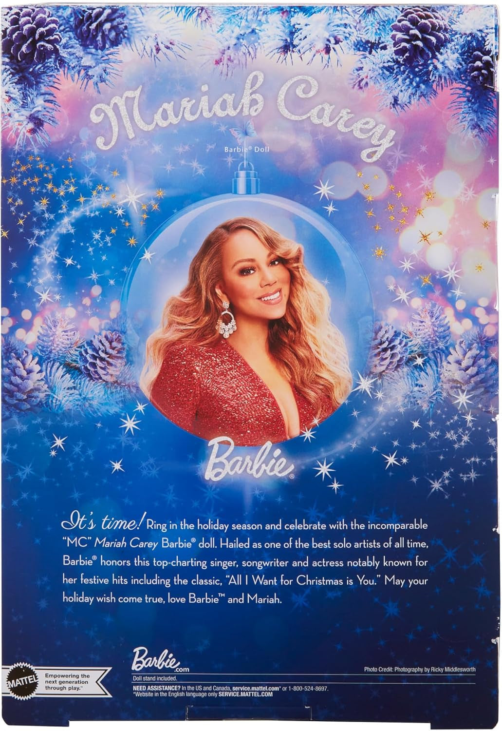 Barbie Mariah Carey - Samlardocka med gnistrande röd klänning, volanger, slits, charmiga lockar, silvertillbehör, röda höga klackar, jultradition, dekoration, HJX17