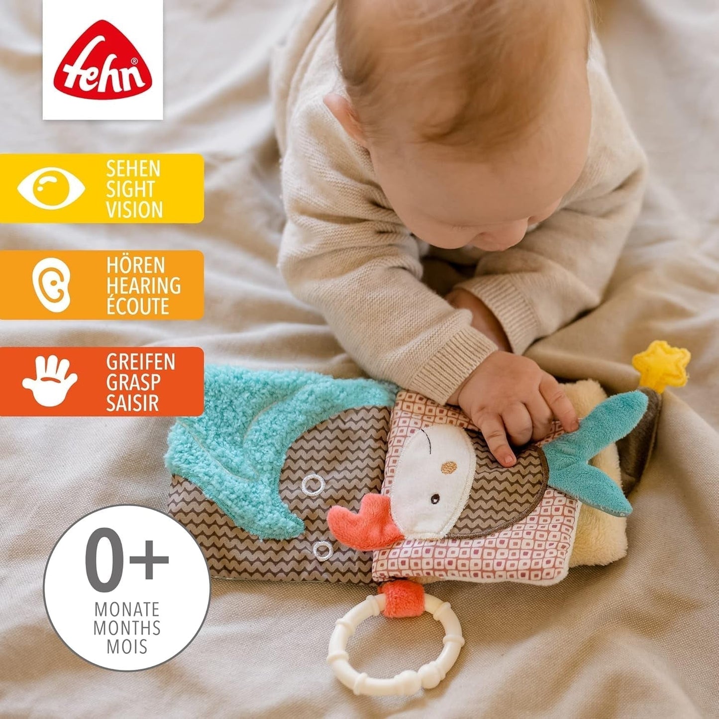 Fehn Play Glove Safari - Fingerdockor Babyleksak Apa & elefant för att greppa och göra ljud & mjuk bilderbok Bruno - Touch Book för barn med djurmotiv Babyleksaker Naty Shop