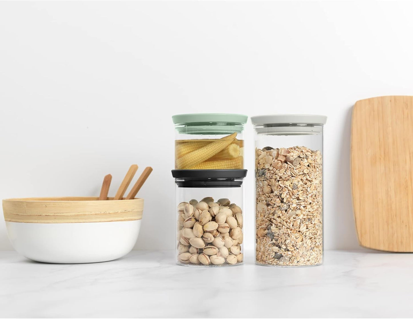 Brabantia - Stapelbar glasbehållare med lock - Set om 3 - Matförvaring - Håller maten fräsch längre - Silikonförsegling - Tål diskmaskin - Mörkgrå/Ljusgrå/Jadegrön - 0,3L/0,6L/1,1L Matförvaringslådor Naty Shop