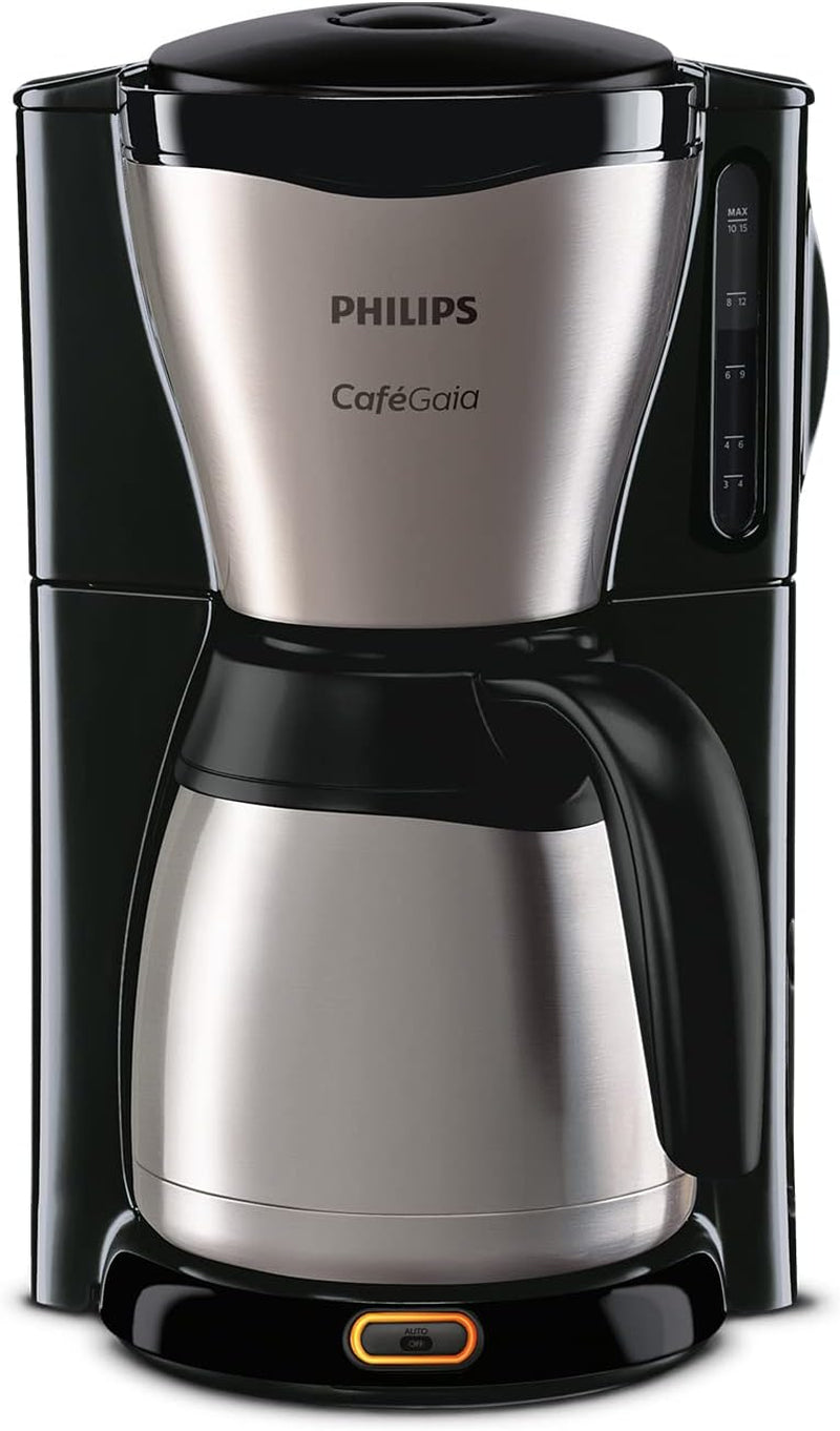 PHILIPS Café Gaia Filter Espressomaskin - Termokanna i rostfritt stål, Anti-droppsystem, Intensiv arom, Auto-Off, 1300ml, Svart (HD7546/20)