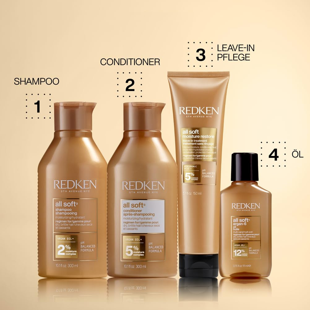 Redken hårmask med hyaluronsyra för torrt hår, anti-frizz och värmeskydd upp till 230°C, All Soft Moisture Restore Leave-In Mask, 1 x 150 ml Naty Shop Hair Mask