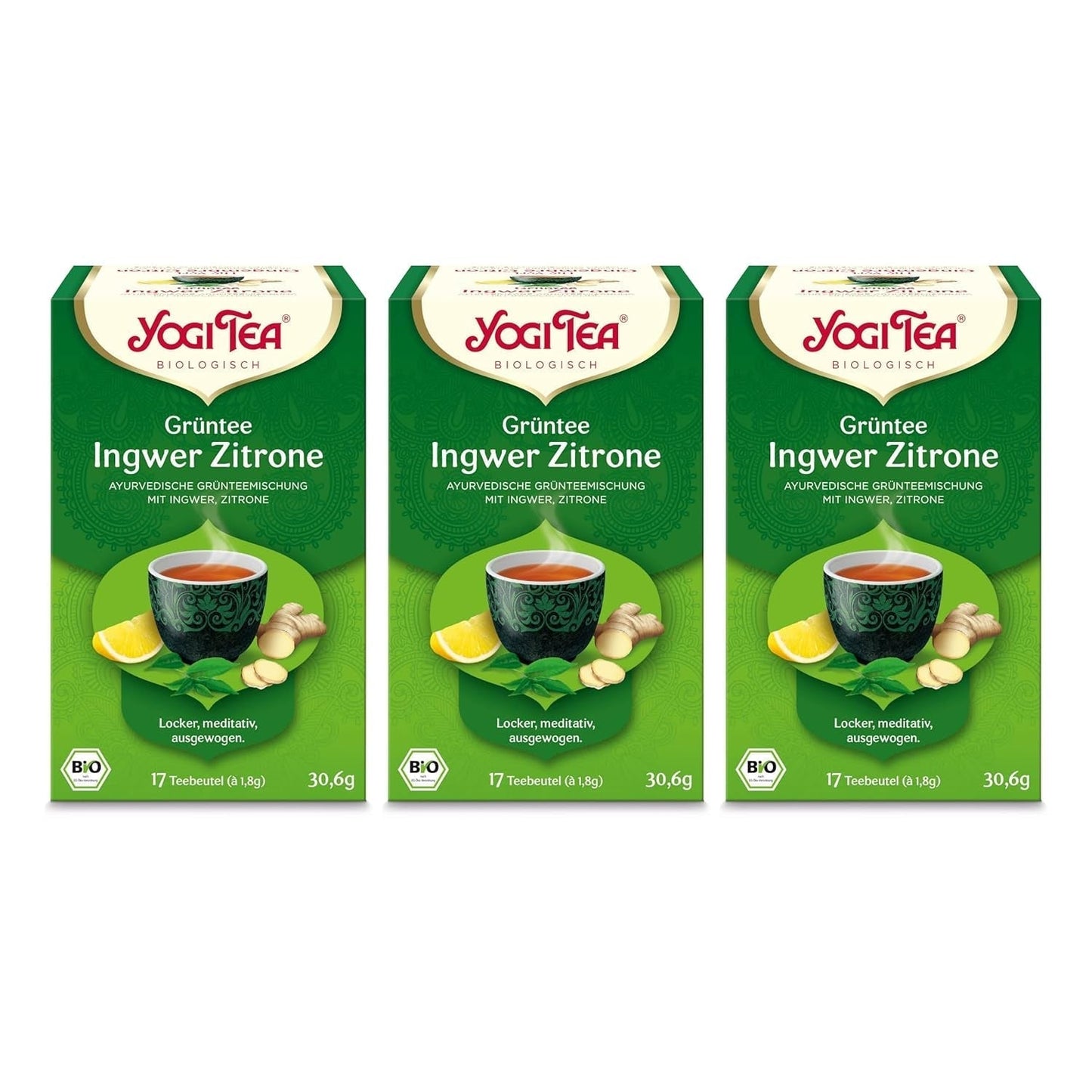 Yogi-te - Grönt te med ingefära och citron, ekologiskt ayurvediskt te med kryddor och örter, blandning av grönt te, ingefära och citron, Yogi-te 3-pack, 3x17 tepåsar (totalt 51 tepåsar), perfekt som present