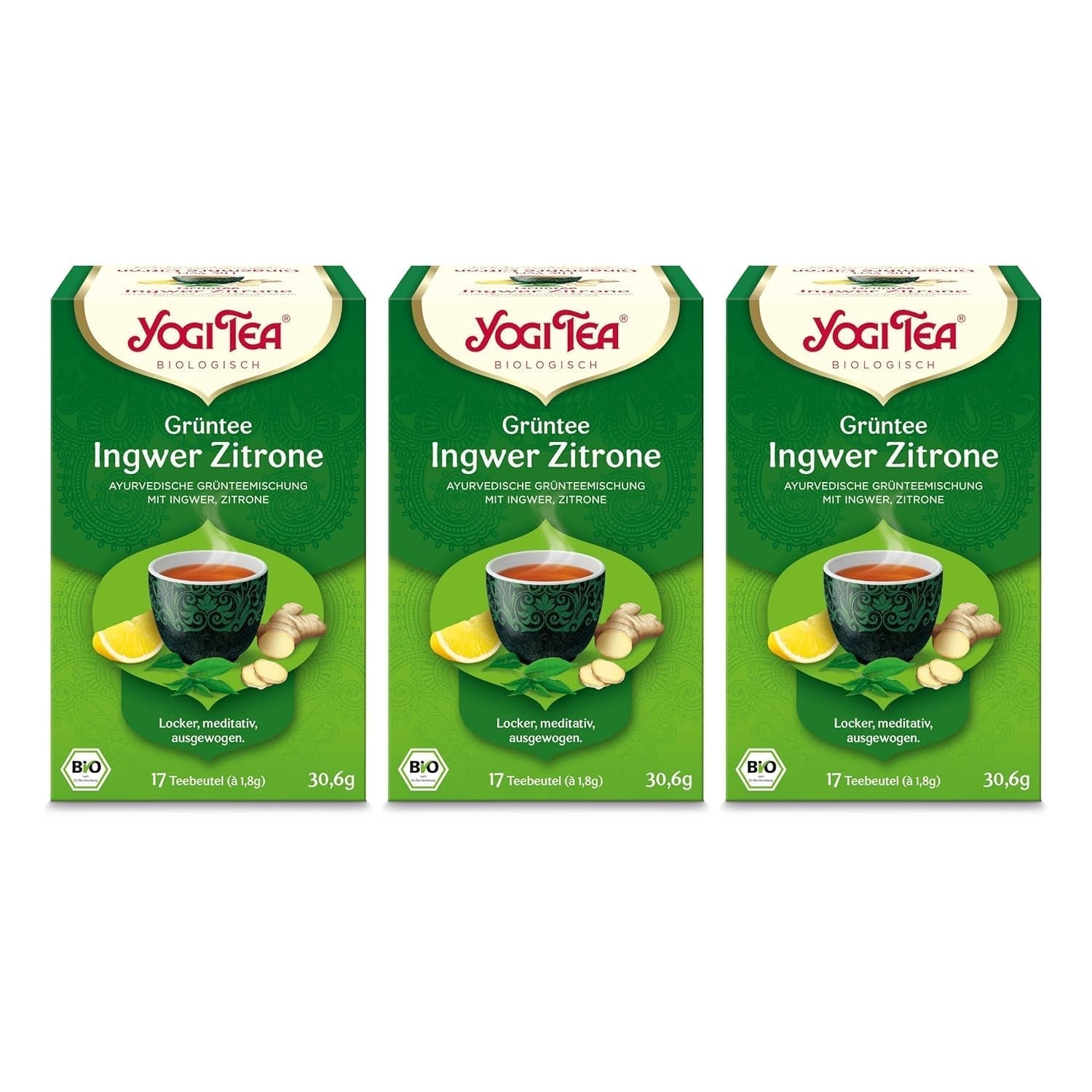 Yogi-te - Grönt te med ingefära och citron, ekologiskt ayurvediskt te med kryddor och örter, blandning av grönt te, ingefära och citron, Yogi-te 3-pack, 3x17 tepåsar (totalt 51 tepåsar), perfekt som present