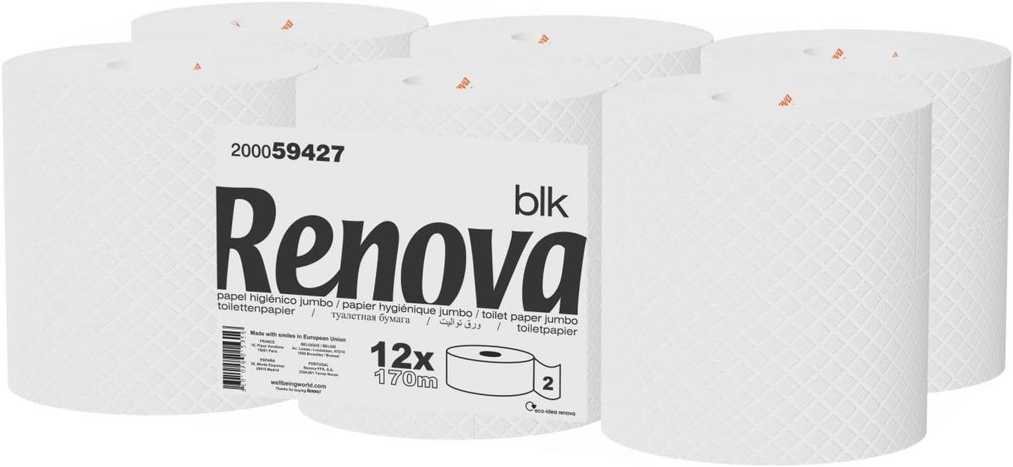 Toalettpapper Renova Jumbo BLK, 12 rullar vid 170 M, vitt papper, 2 lager