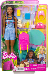 Barbie HDF74 Twin Pack Doll! Brooklyn Camping Doll (brunett med flätade pigtails, ca 29cm) med valp, ryggsäck, sovsäck, 10 campingtillbehör, present till barn från 3 år och uppåt