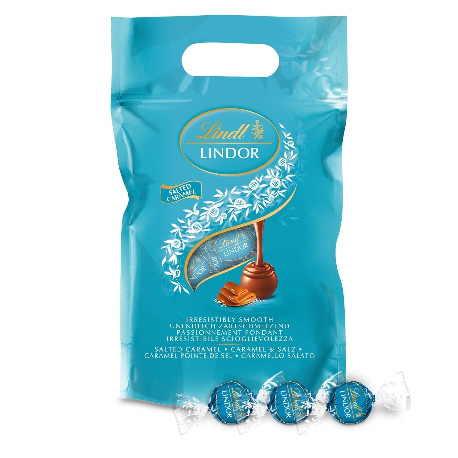 LINDOR chokladbollar | 1 kg återförslutningsbar påse | ca. 80 mjölkchokladbollar med myntafyllning | Bulkpack & LINDOR Salted Caramel Chocolate Balls