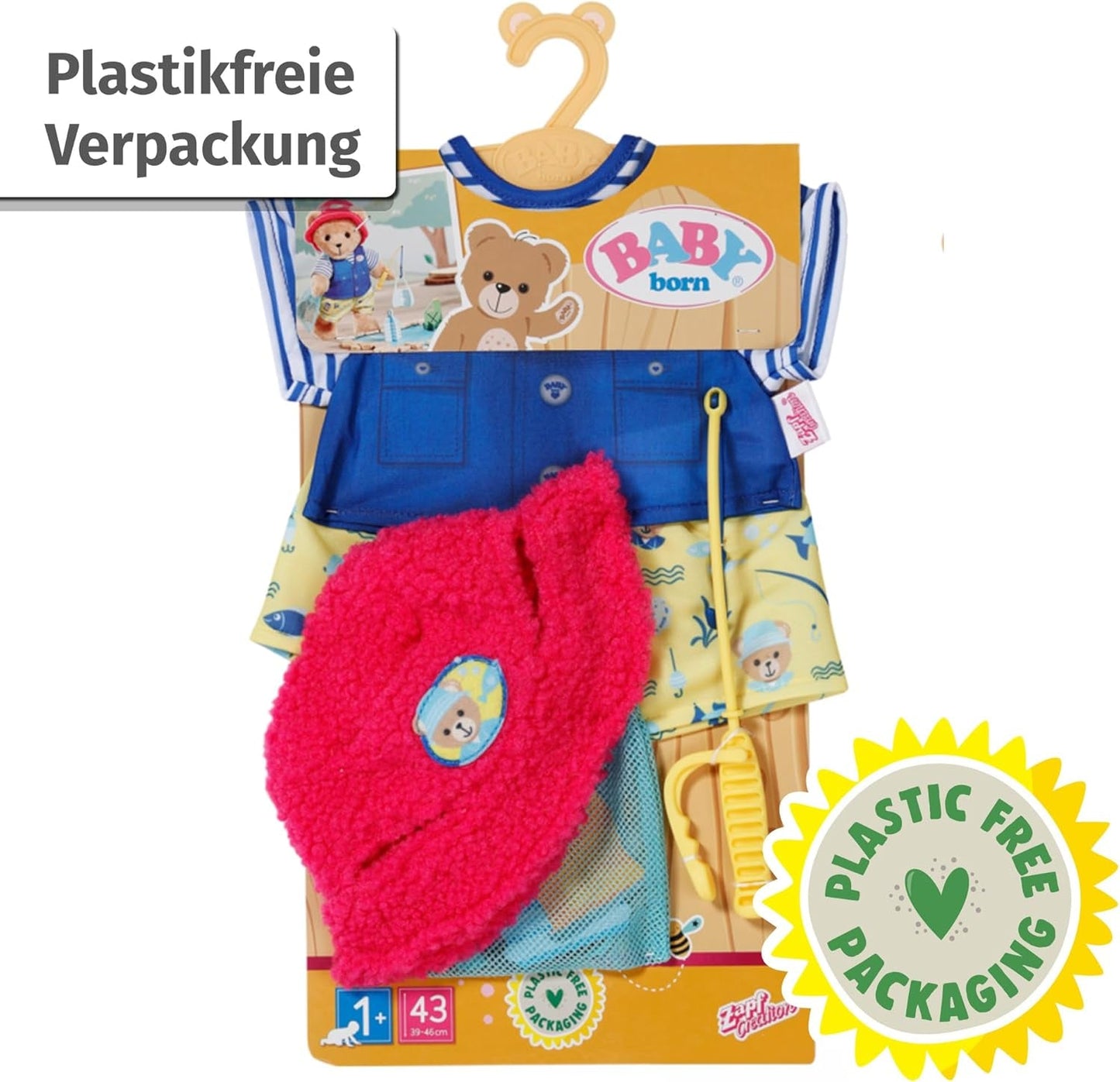 Babyfödd teddyfiskarkostym med fiskespö för 43 cm dockor och nallebjörn, 835982 Zapf Creation
