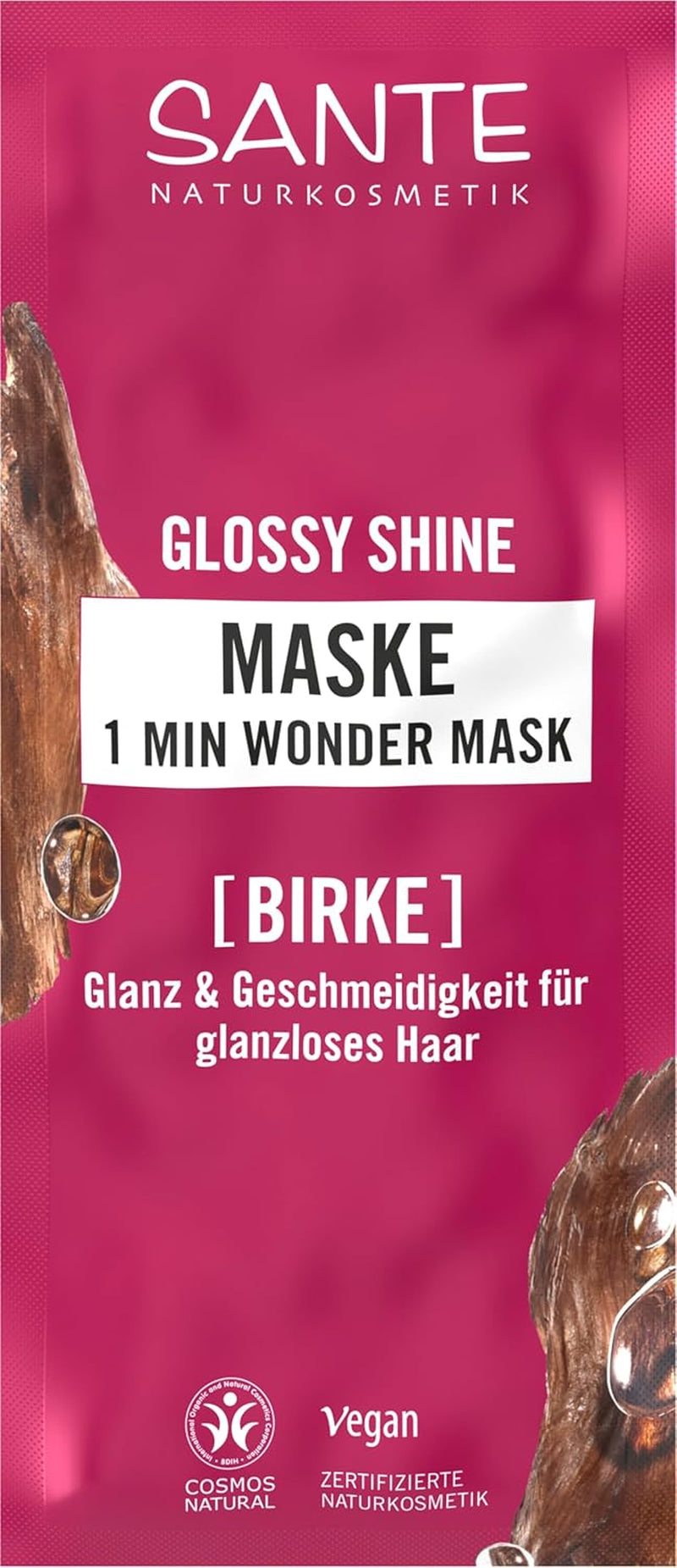 SANTE Naturkosmetik Glossy Shine 1 Min Wonder Mask, djupvård för tråkigt hår med ekologiskt björklövsextrakt och 3x proteinkomplex för 3x mer glans och smidighet, vegansk, 20ml Naty Shop Hair Mask Standardtitel