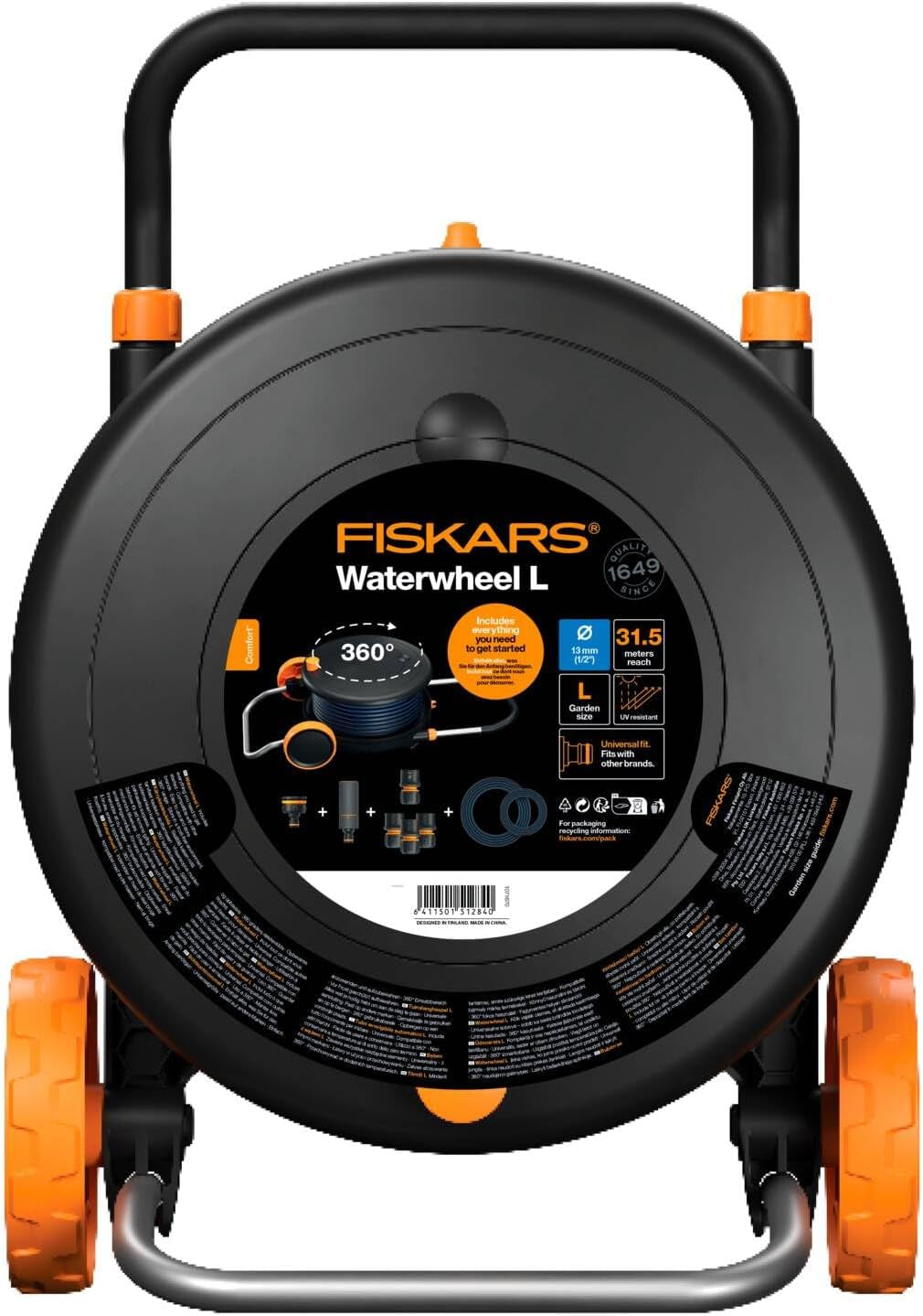 Fiskars Comfort L vattenhjul med hjul, all-inclusive bevattningsset, total räckvidd 31,5 m, automatisk upprullning, universal trädgårdsslang (Ø 13 mm), universal krananslutning, 1071670