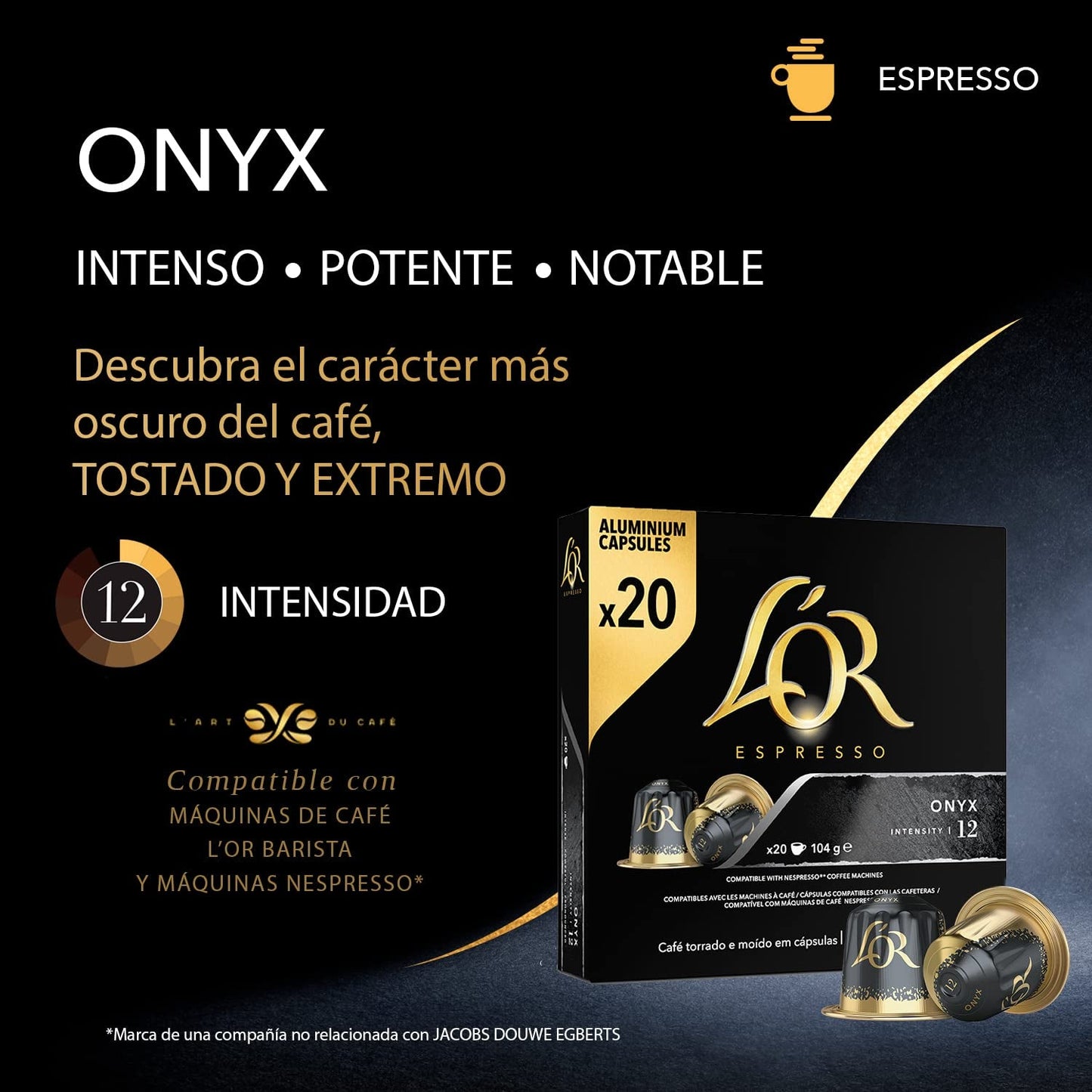 L'OR Espresso Kaffeekapseln Onyx | Intensitet 12 | 200 kompatibla Nespresso-kapslar (R)* - exklusivt för Amazon